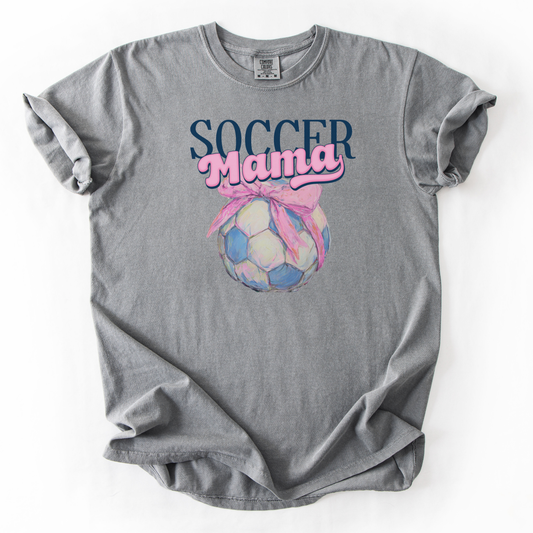 gray t-shirt with 'Soccer Mama' soccer with a bow graphic on a white background