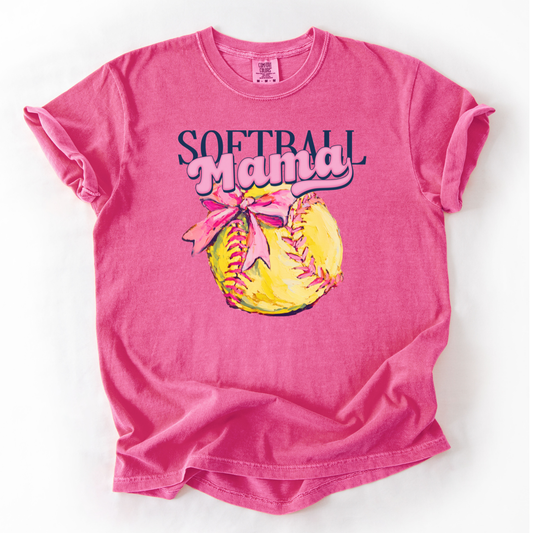 Pink t-shirt with 'Softball Mama' design on a white background