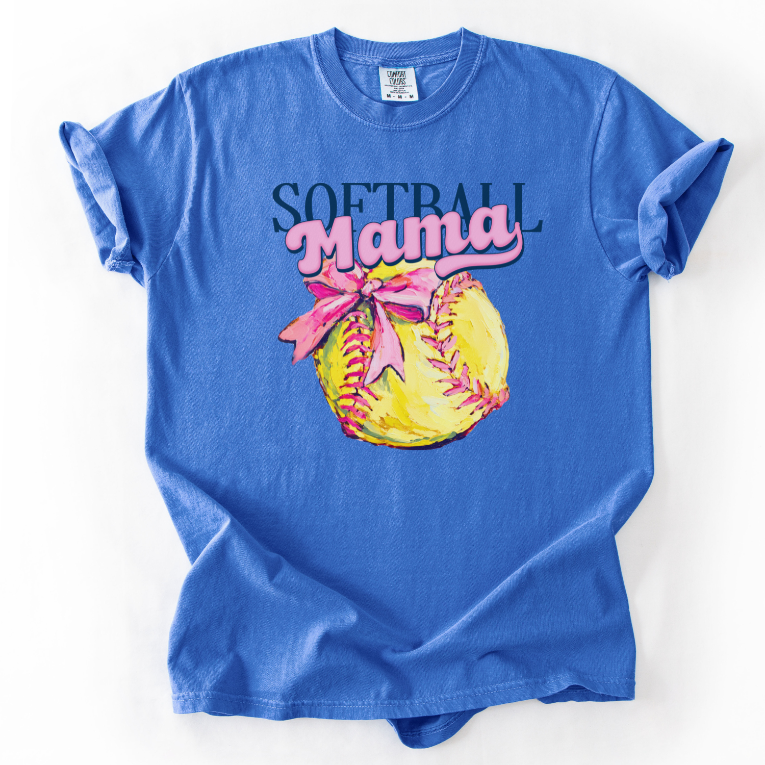 Blue t-shirt with 'Softball Mama' graphic on a white background