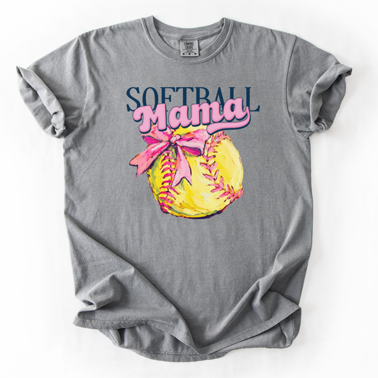 Gray t-shirt with 'Softball Mama' design featuring a softball with a pink bow on a white background