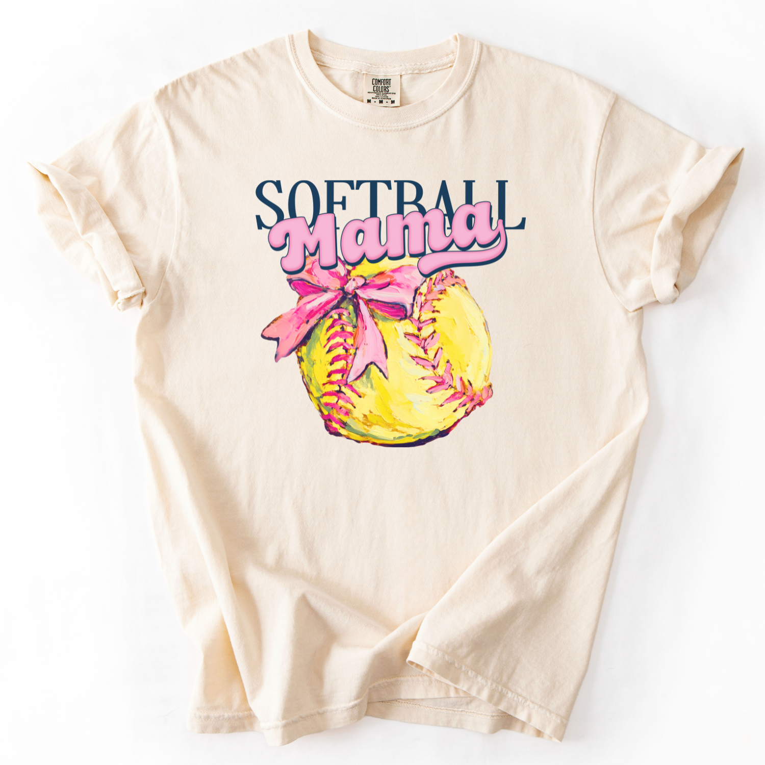 ivory t-shirt with 'Softball Mama' design on a white background