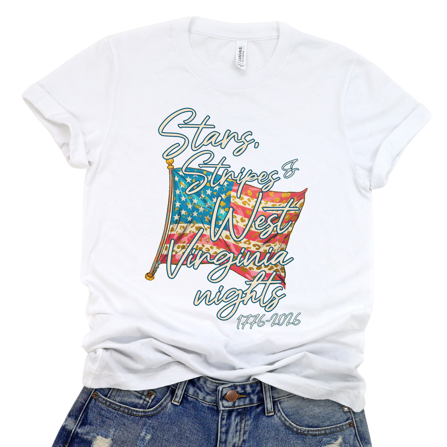 Patriotic Americana flag graphic on a white t-shirt. The design features a distressed blue star positioned at the top left, paired with horizontal rows of red stars forming a flag-inspired layout. Soft weathered textures give the graphic a vintage, worn-in look while keeping the overall style clean and modern. The simple star-based flag design makes this an easy, everyday patriotic piece for Fourth of July, summer holidays, and Americana-themed collections.