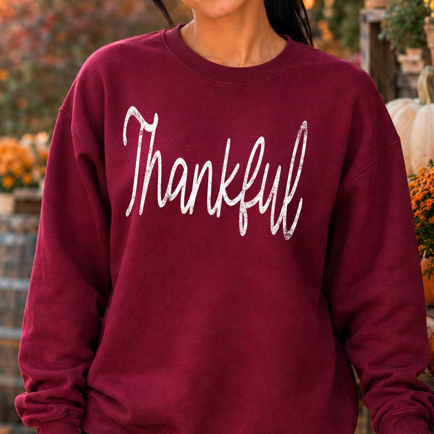 Thankful on a maroon color graphic sweatshirt