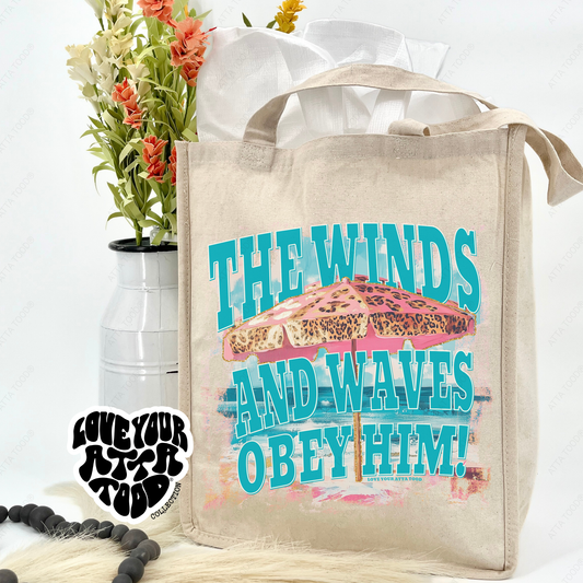The winds and the waves obey Him tropical beach umbrella graphic on a jumbo tote bag