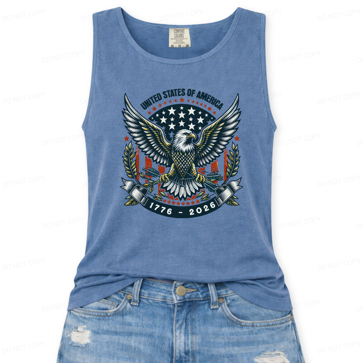 Blue tank top with eagle and American flag design on a white background