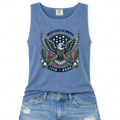 Blue tank top with eagle and American flag design on a white background