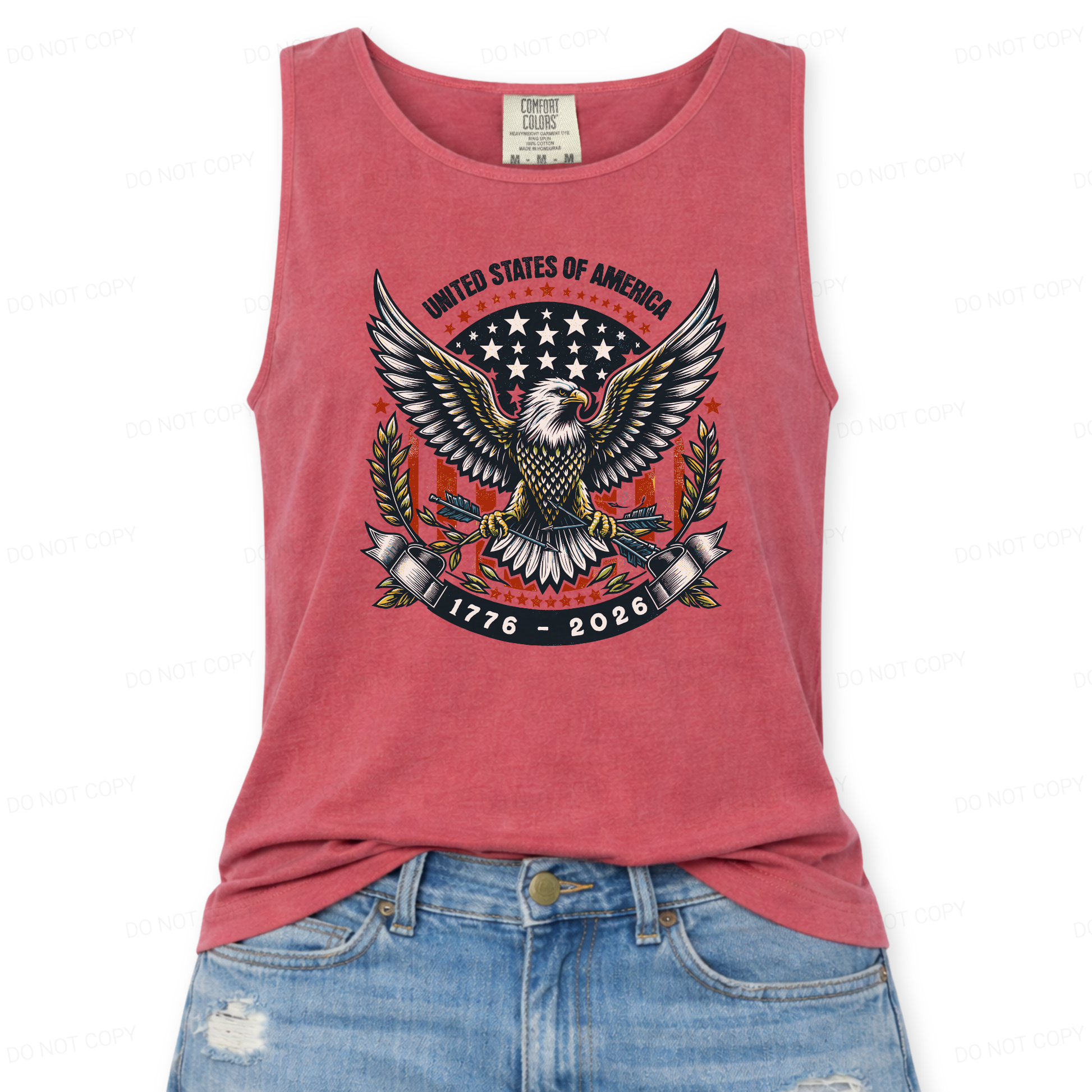 Red tank top with eagle graphic and 'United States of America' text on a white background