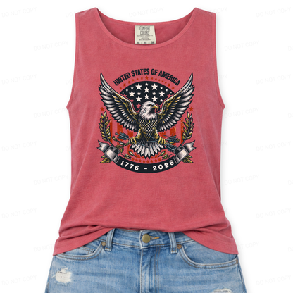 Red tank top with eagle graphic and 'United States of America' text on a white background