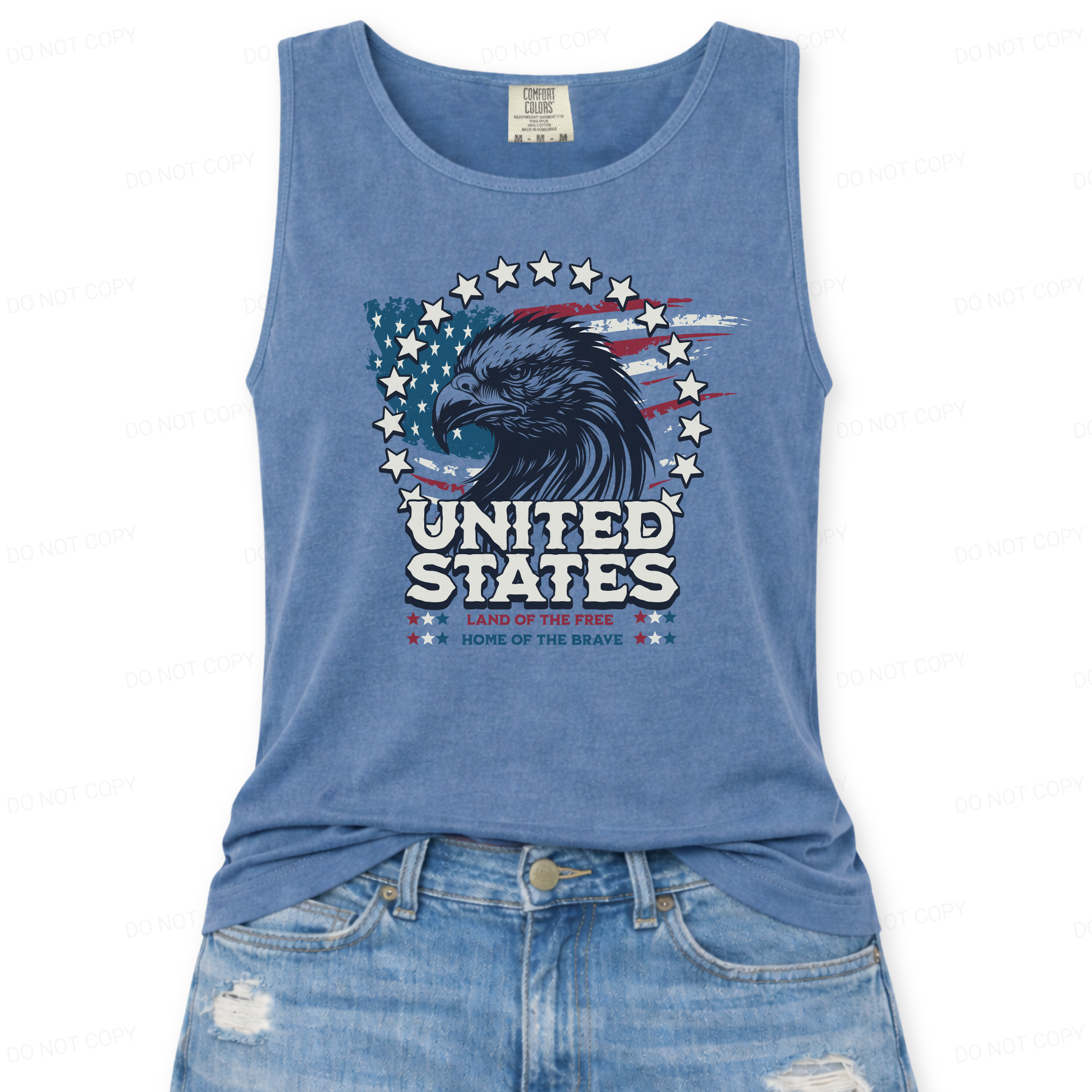 blue tank top with eagle and 'United States land of the free and home of the brave' graphic on a white background
