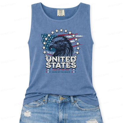 blue tank top with eagle and 'United States land of the free and home of the brave' graphic on a white background