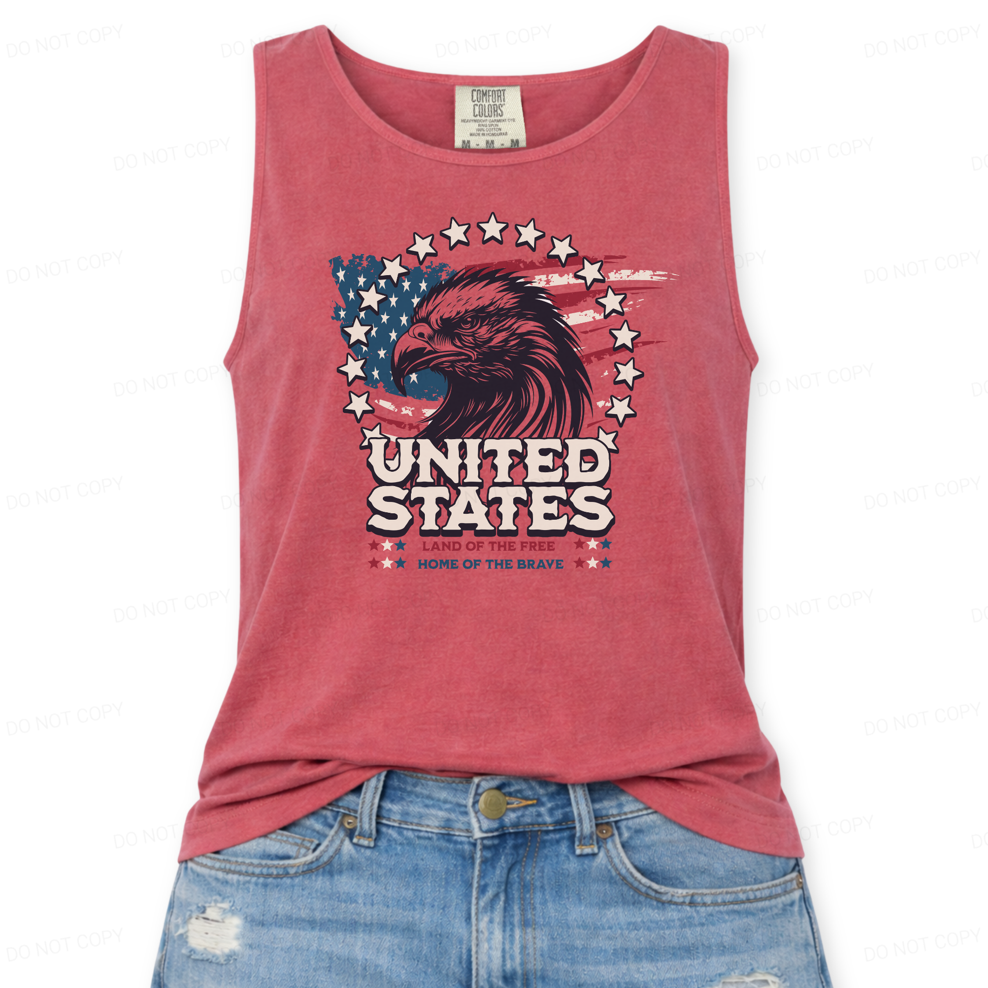 Red tank top with eagle and 'United States land of the free and home of the brave' graphic on a white background