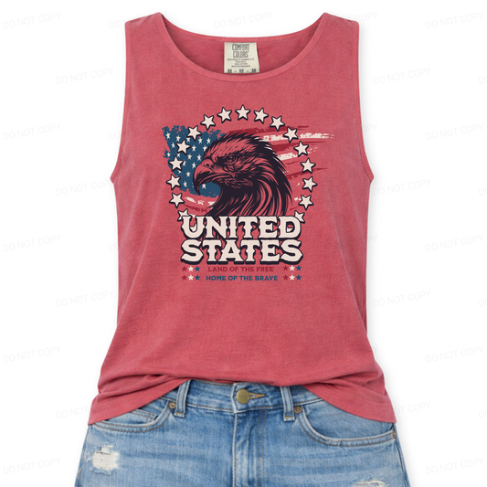 Red tank top with eagle and 'United States land of the free and home of the brave' graphic on a white background
