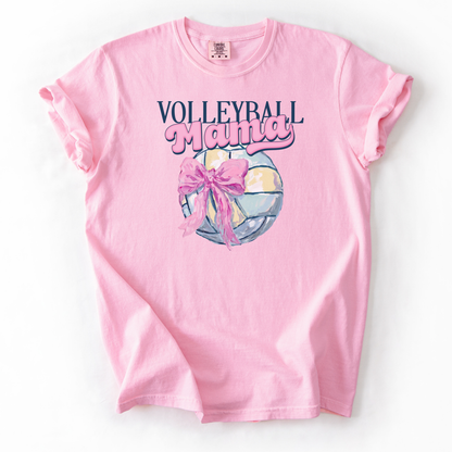 Pink t-shirt with 'Volleyball Mama' text and volleyball graphic on a white background