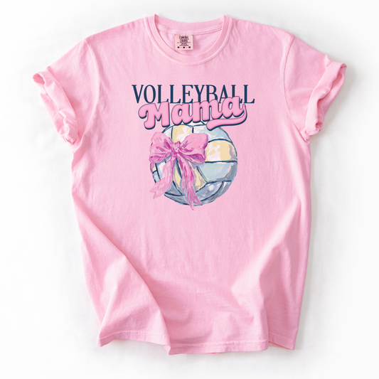Pink t-shirt with 'Volleyball Mama' text and volleyball graphic on a white background