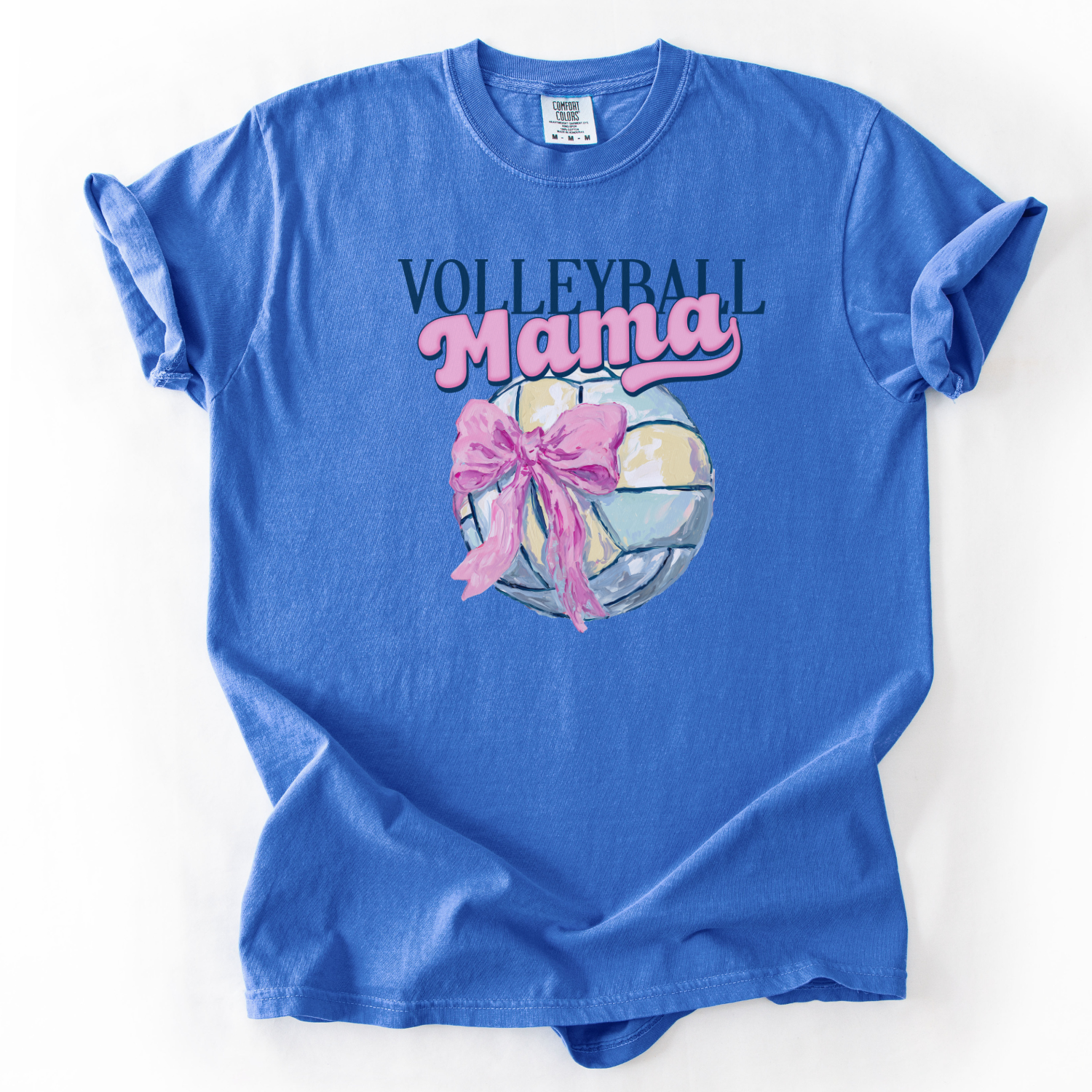 Volleyball mama on a volleyball graphic on a comfort colors flo blue tee