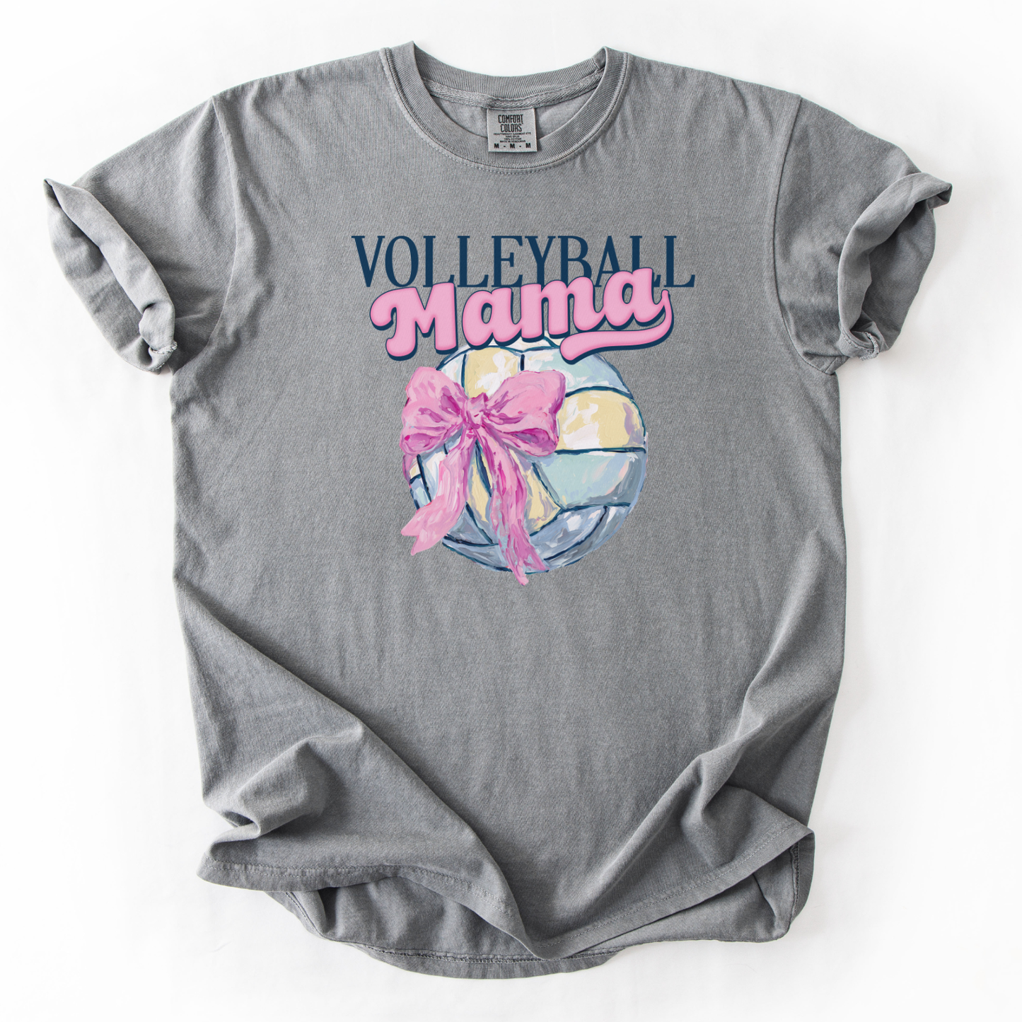 Gray t-shirt with 'Volleyball Mama' design featuring a volleyball and pink bow on a white background