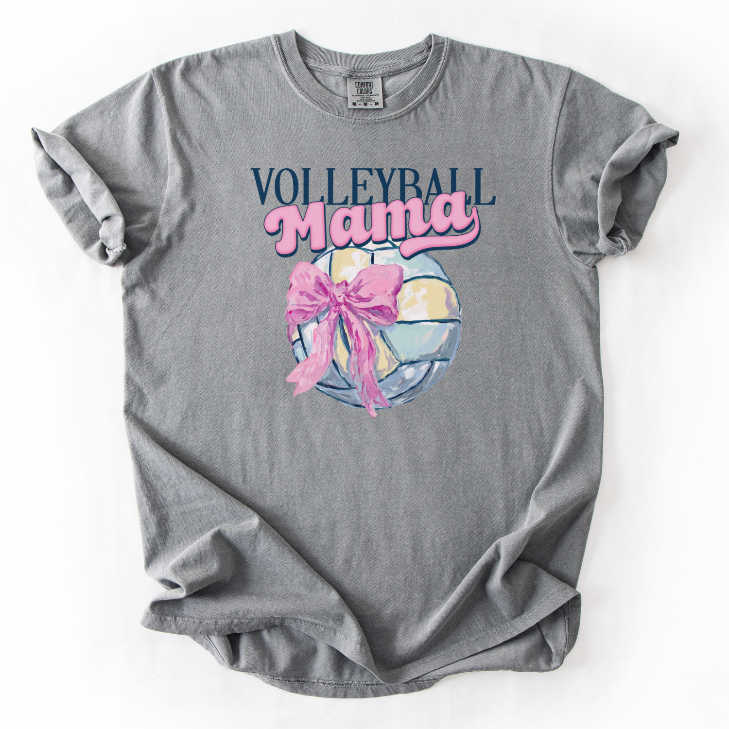 Gray t-shirt with 'Volleyball Mama' design featuring a volleyball and pink bow on a white background
