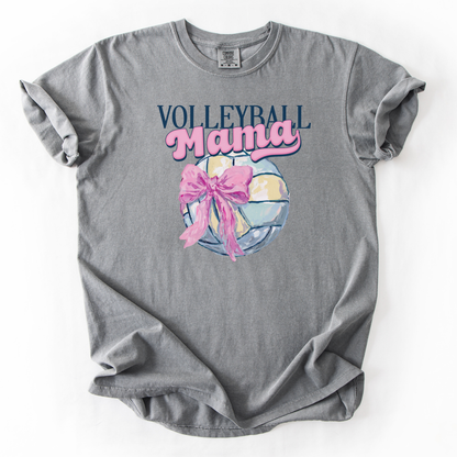 Gray t-shirt with 'Volleyball Mama' design featuring a volleyball and pink bow on a white background