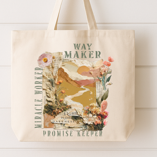 Tote bag with nature-themed design and text on a white background. MIracle Worker, Way Maker, and Promise Keeper