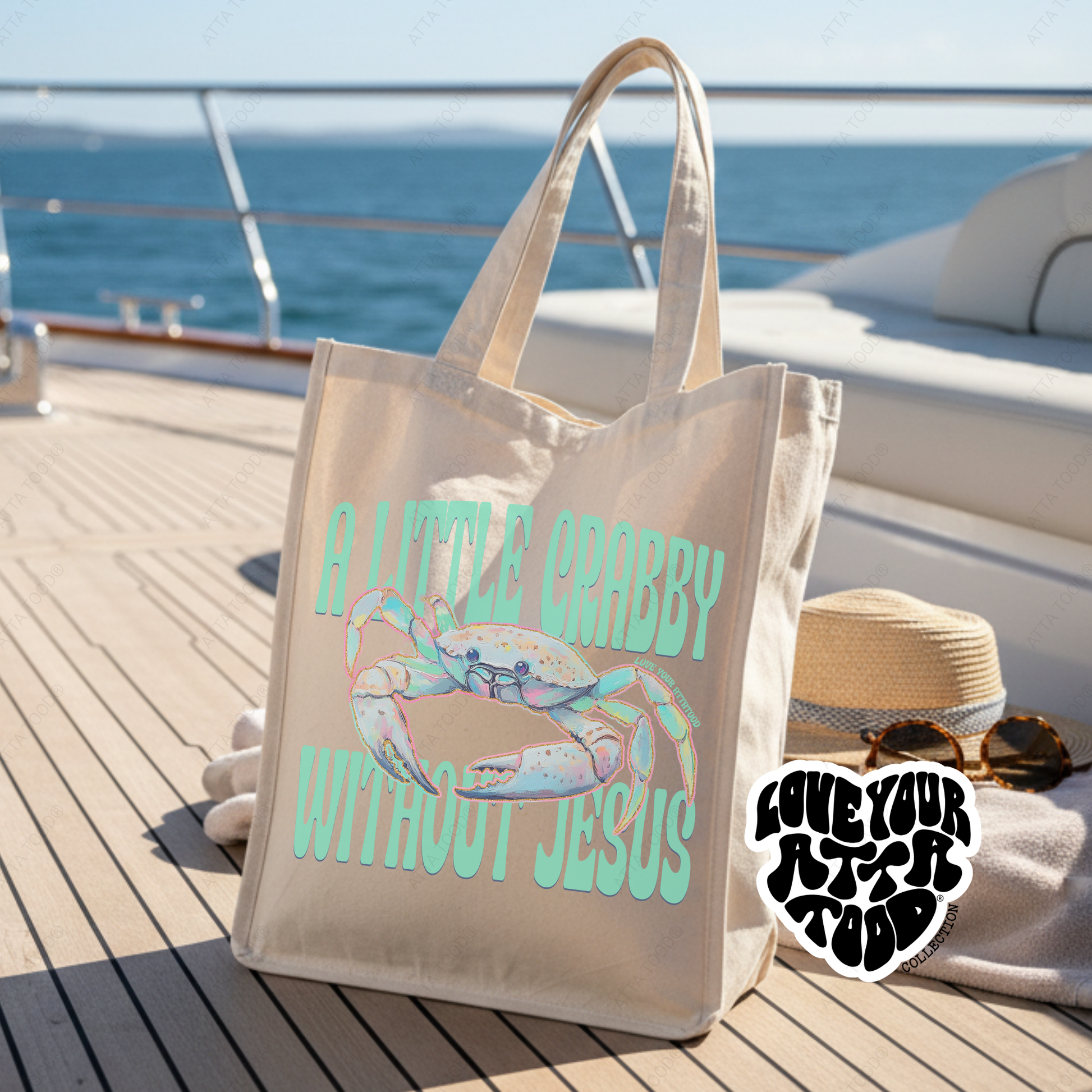 A little crabby with out Jesus featuring a tropical looking beach crab on a 27L tote bag