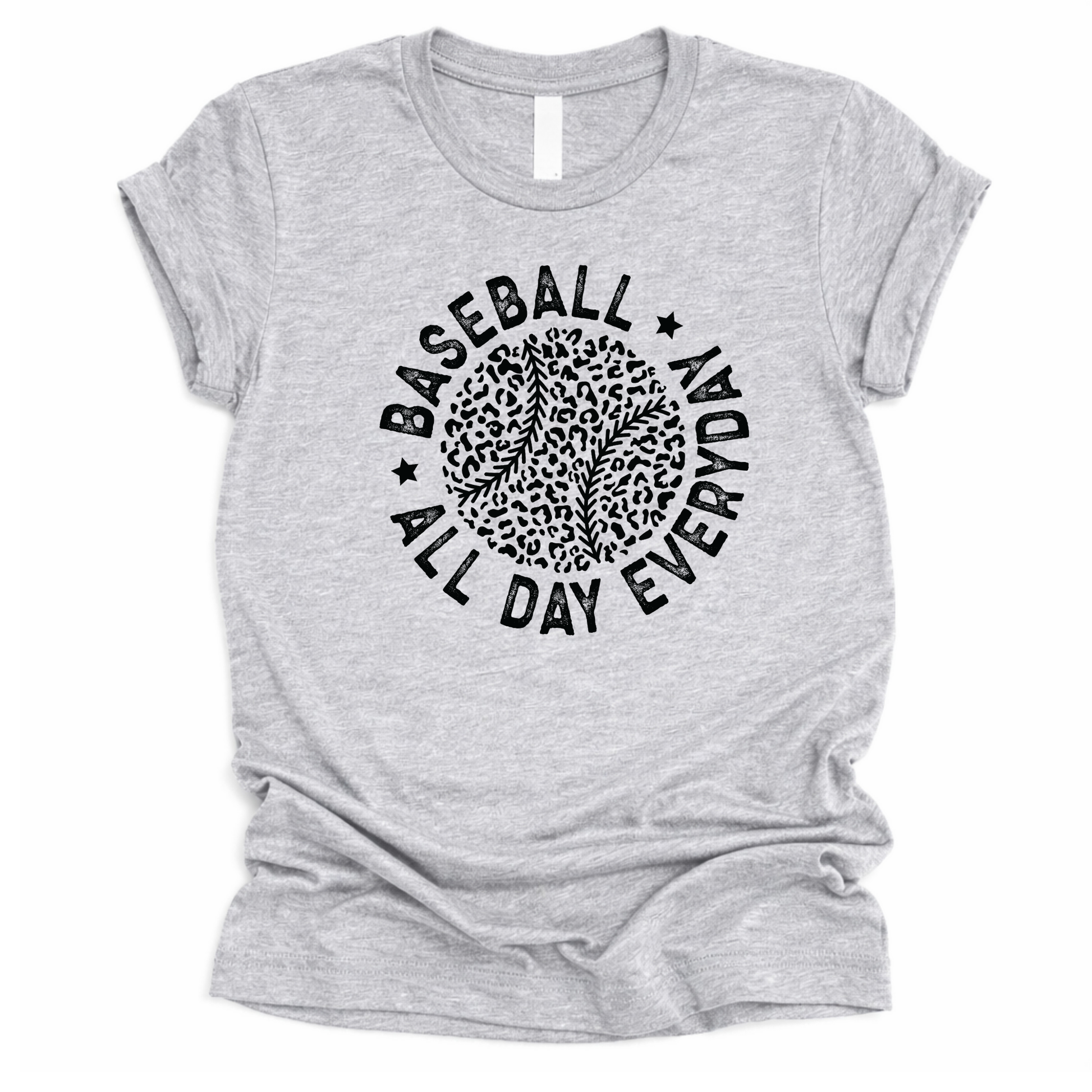 Gray t-shirt with 'Baseball All Day Everyday' text and graphic on a white background