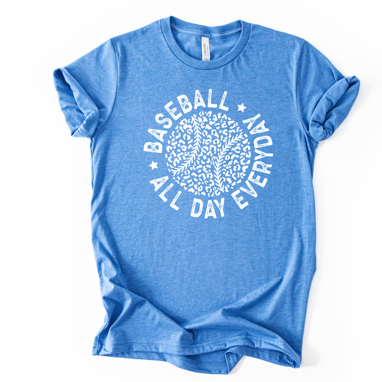 Blue t-shirt with 'Baseball All Day Every Day' text on a white background
