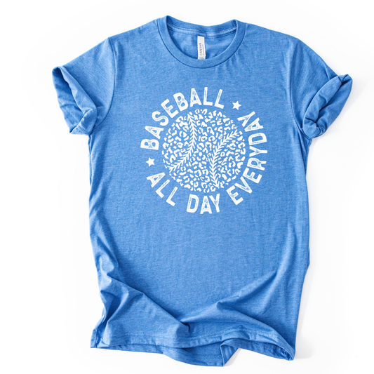 Blue t-shirt with 'Baseball All Day Every Day' text on a white background