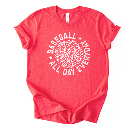 Red t-shirt with white graphic and text on a white background