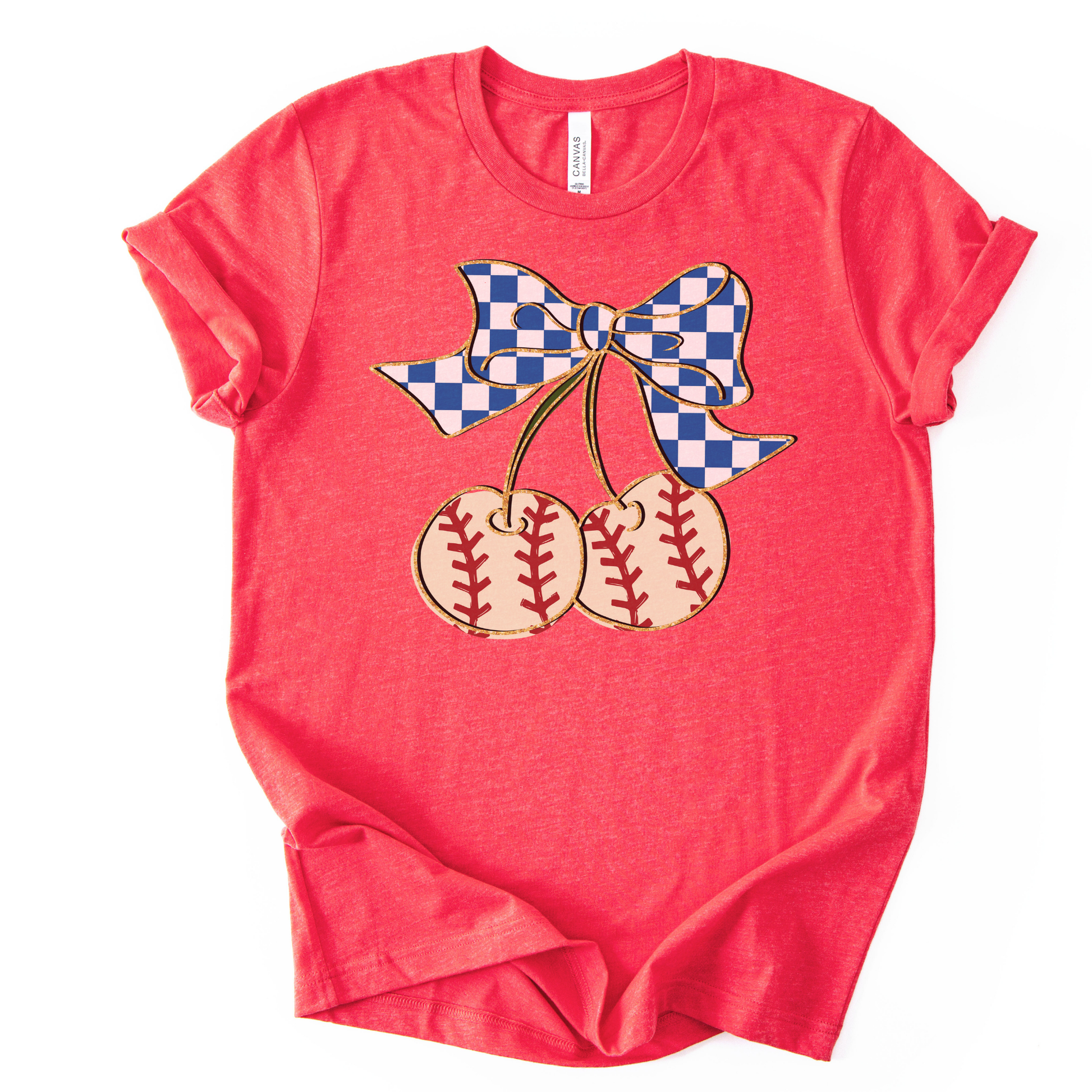 Red t-shirt with a checkered bow and baseball design on a white background