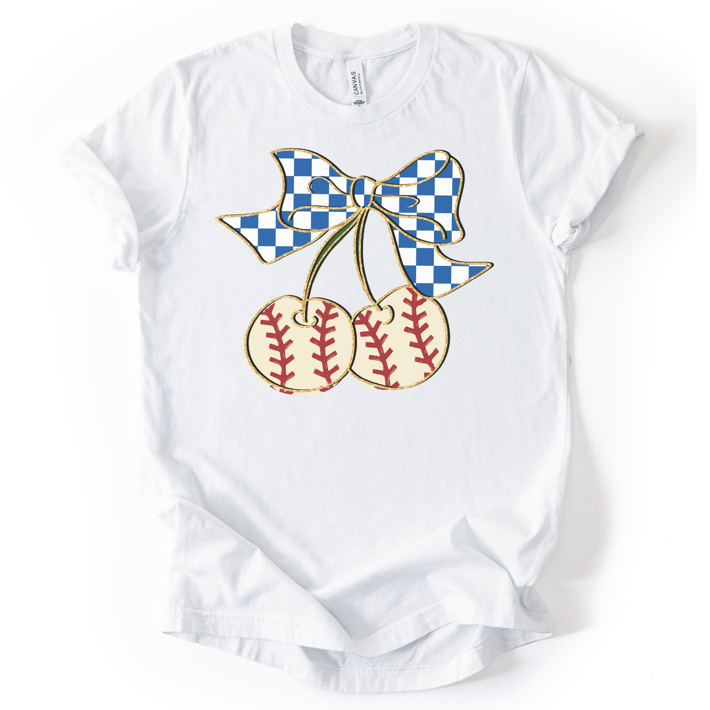 White t-shirt with a graphic of two baseballs with a checkered bow on a white background
