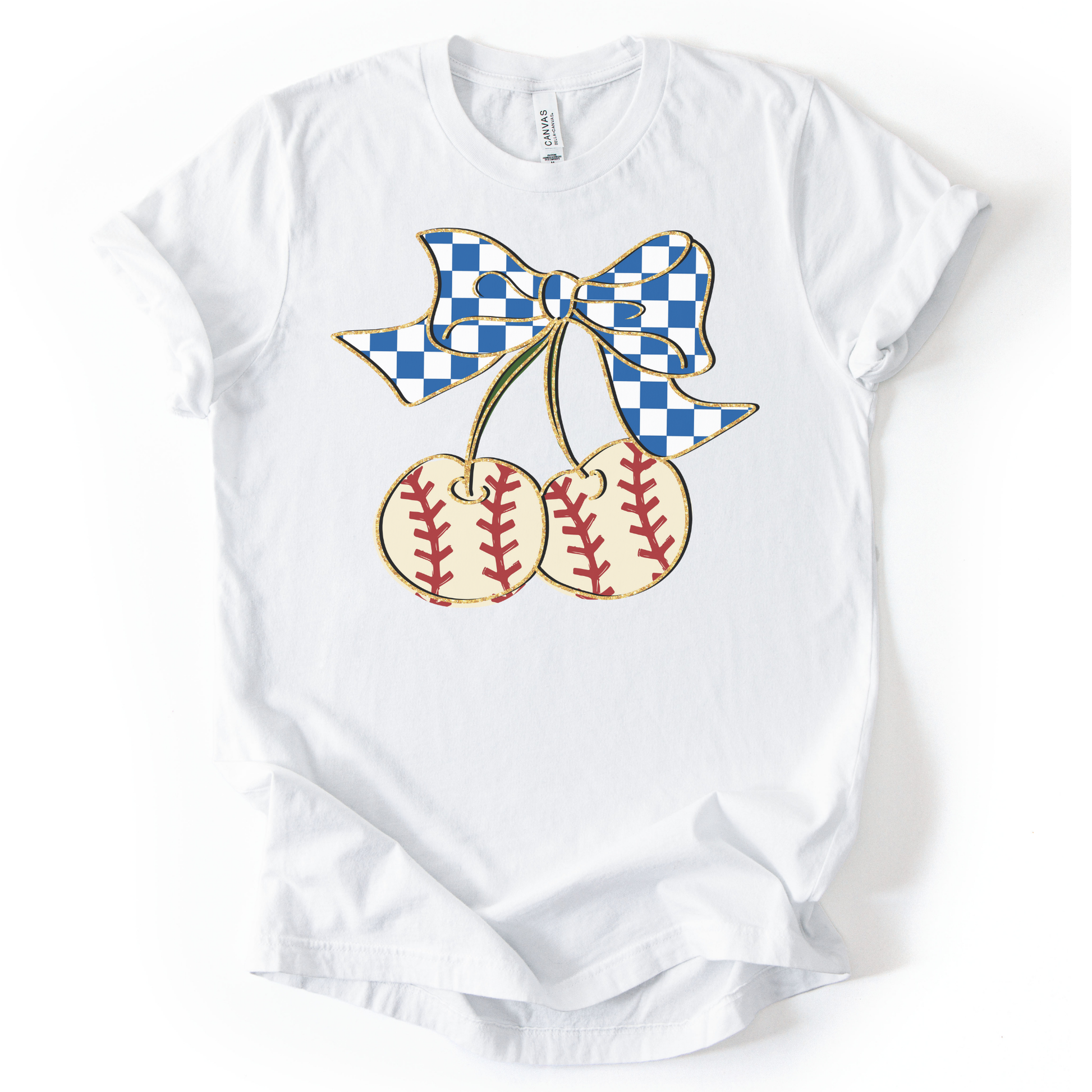 White t-shirt with a graphic of two baseballs with a checkered bow on a white background