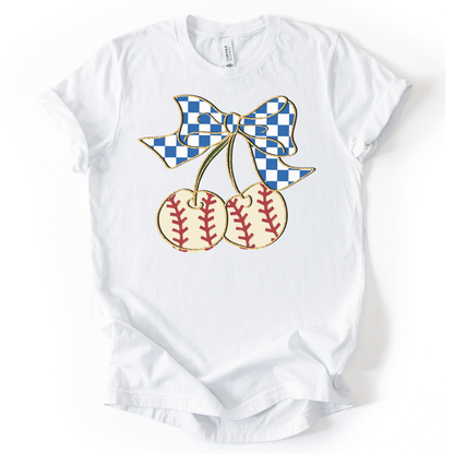 White t-shirt with a graphic of two baseballs with a checkered bow on a white background