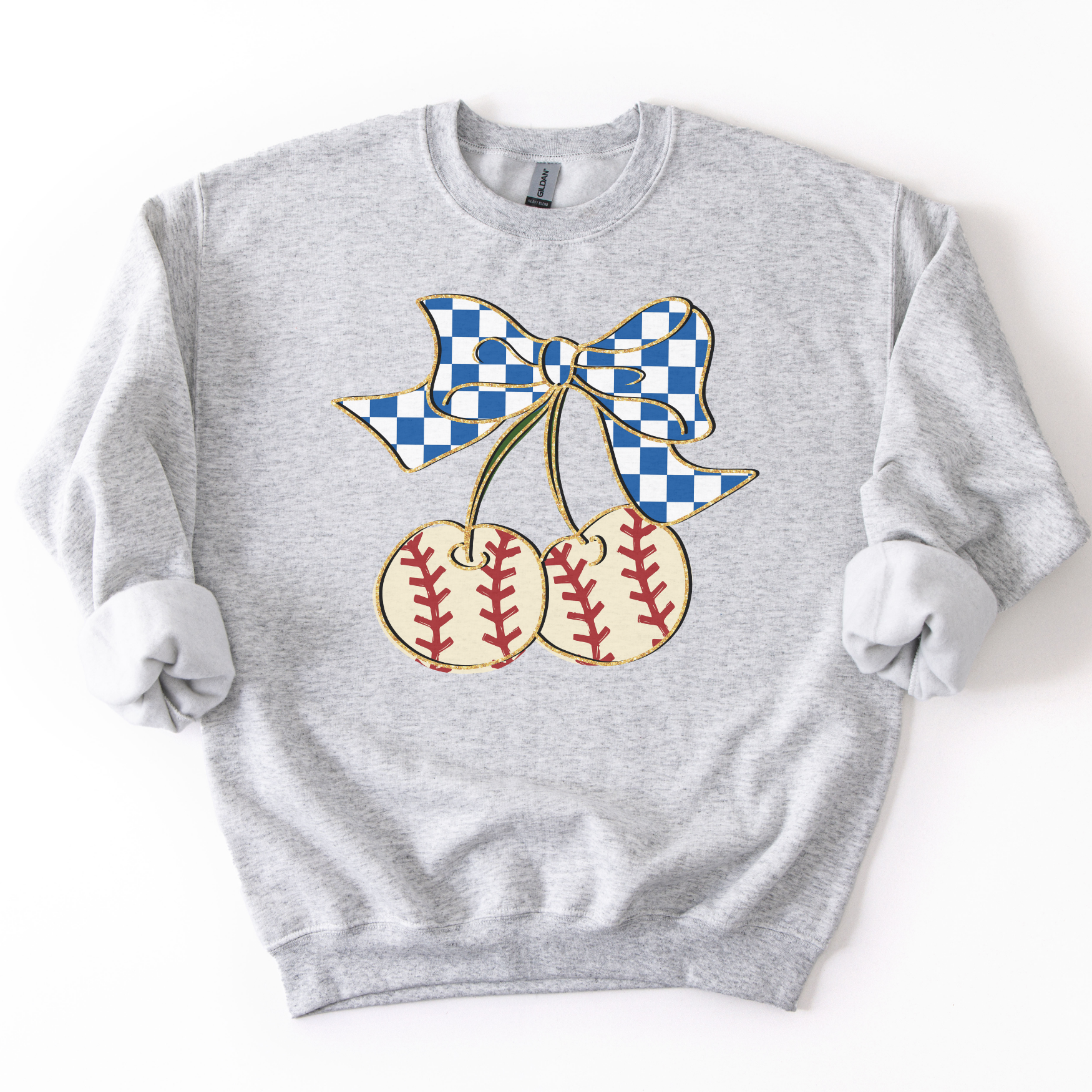 ash crewneck sweatshirt featuring a blue gingham bow tied to two cherry-shaped baseballs with red stitching, styled flat with sleeves scrunched