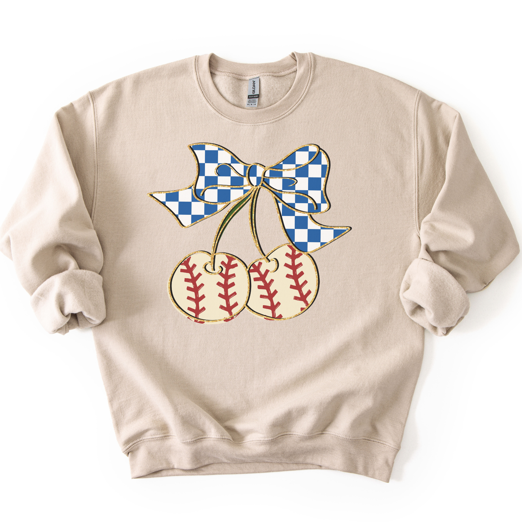 sand crewneck sweatshirt featuring a blue gingham bow tied to two cherry-shaped baseballs with red stitching, styled flat with sleeves scrunched