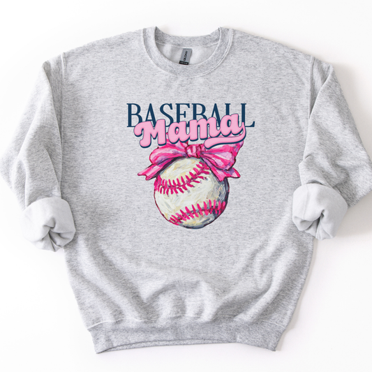 Gray sweatshirt with 'Baseball Mama' design featuring a baseball and pink bow on a white background