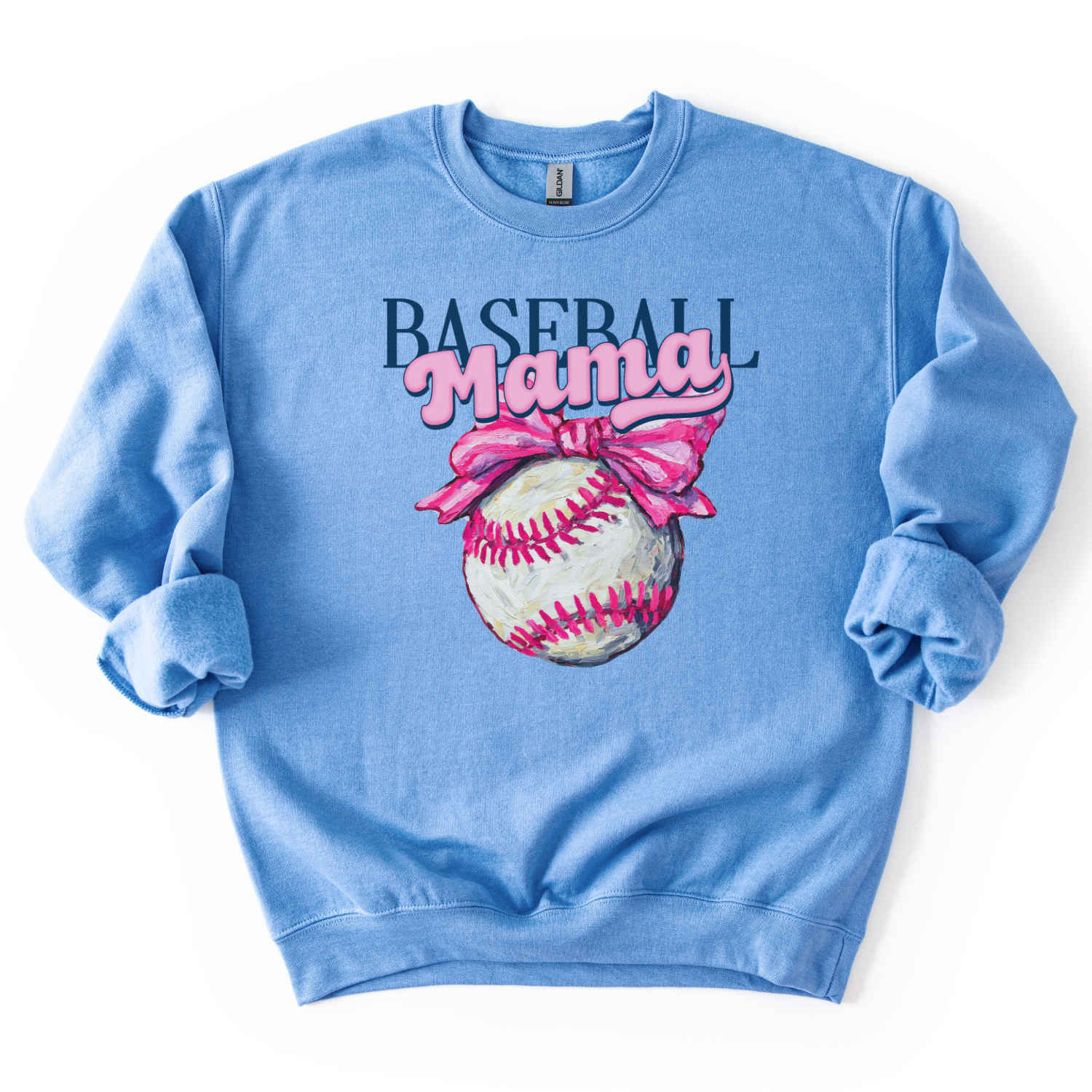Light blue sweatshirt with 'Baseball Mama' text and a baseball graphic on a white background