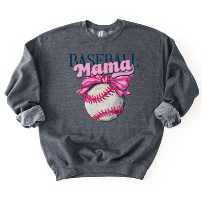 Gray sweatshirt with 'Baseball Mama' design featuring a baseball and pink bow on a white background