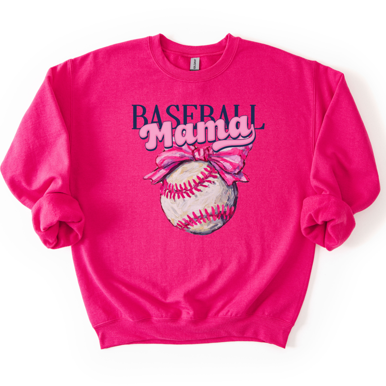 Pink sweatshirt with 'Baseball Mama' design featuring a baseball and pink bow on a white background