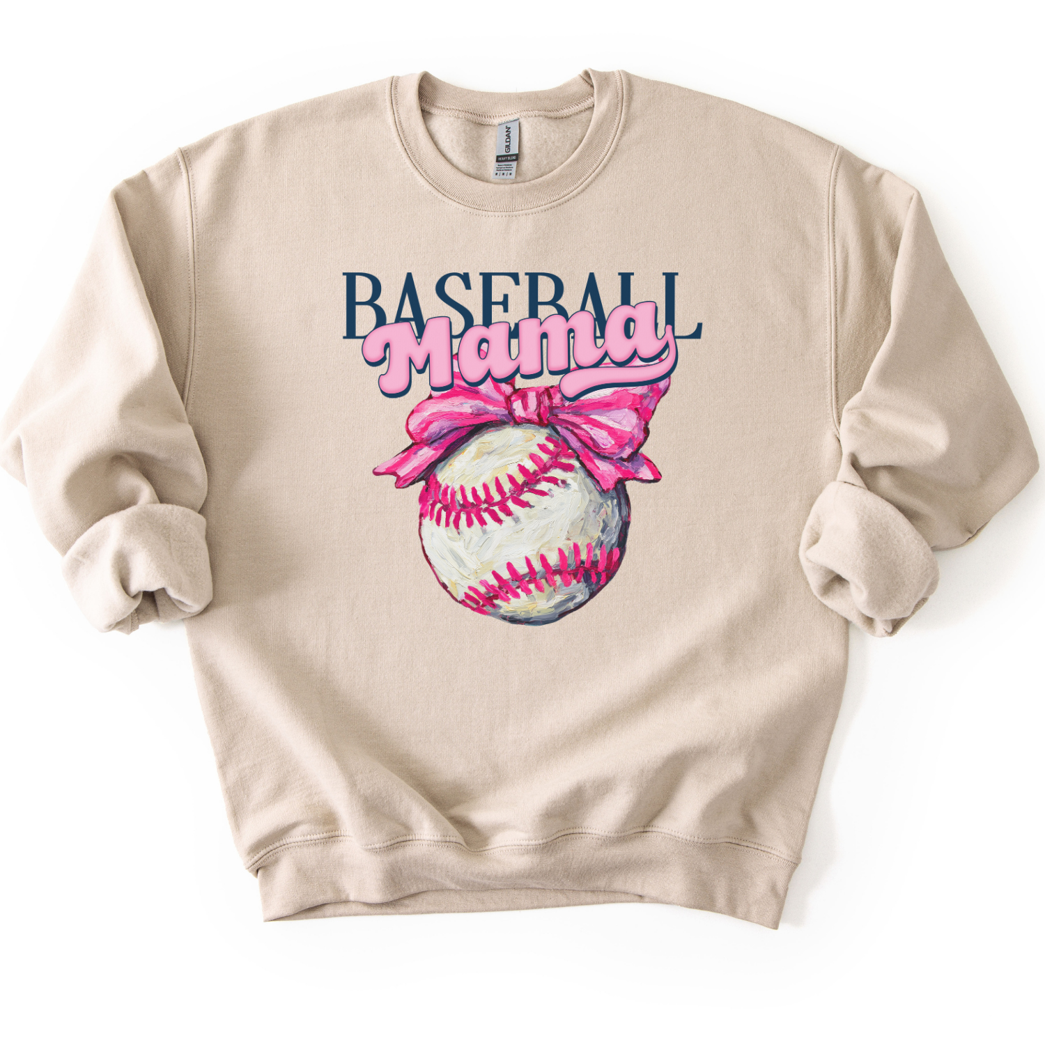 Beige sweatshirt with 'Baseball Mama' graphic design on a white background