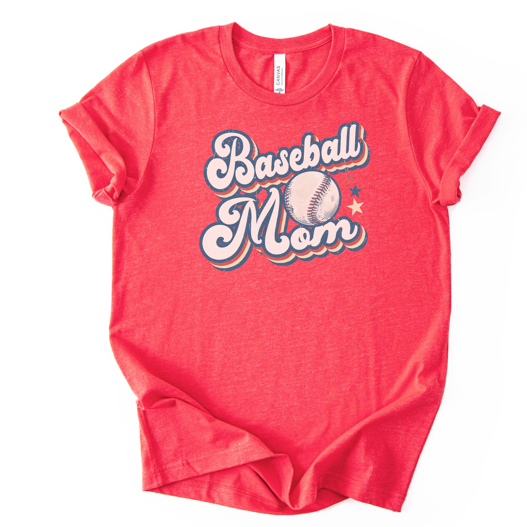 Heather red graphic t-shirt with retro-style “Baseball Mom” lettering, baseball graphic, and star accents, laid flat with rolled sleeves.