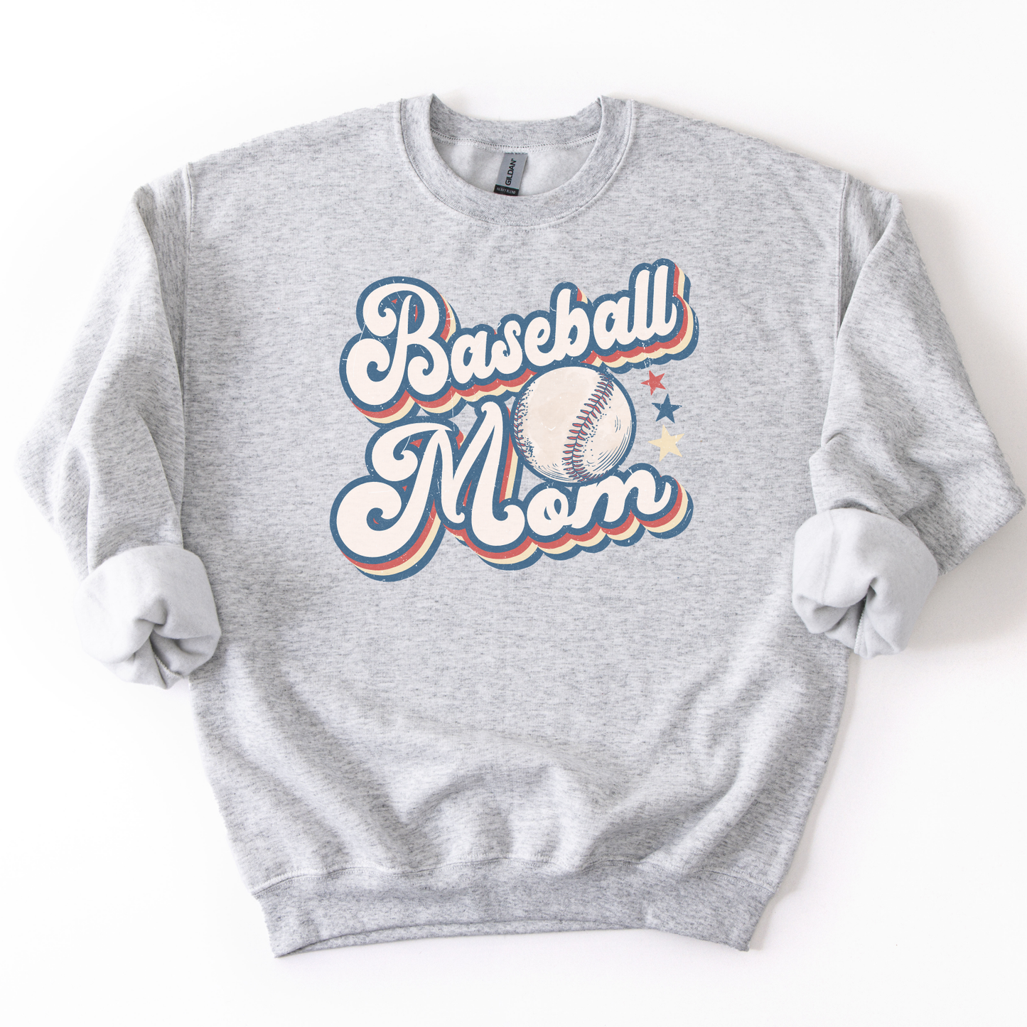 Gray sweatshirt with 'Baseball Mom' text and baseball graphic on a white background