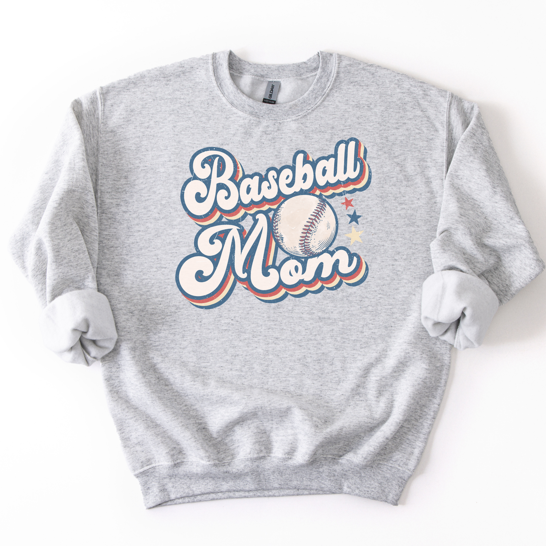Gray sweatshirt with 'Baseball Mom' text and baseball graphic on a white background