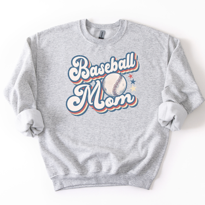Gray sweatshirt with 'Baseball Mom' text and baseball graphic on a white background