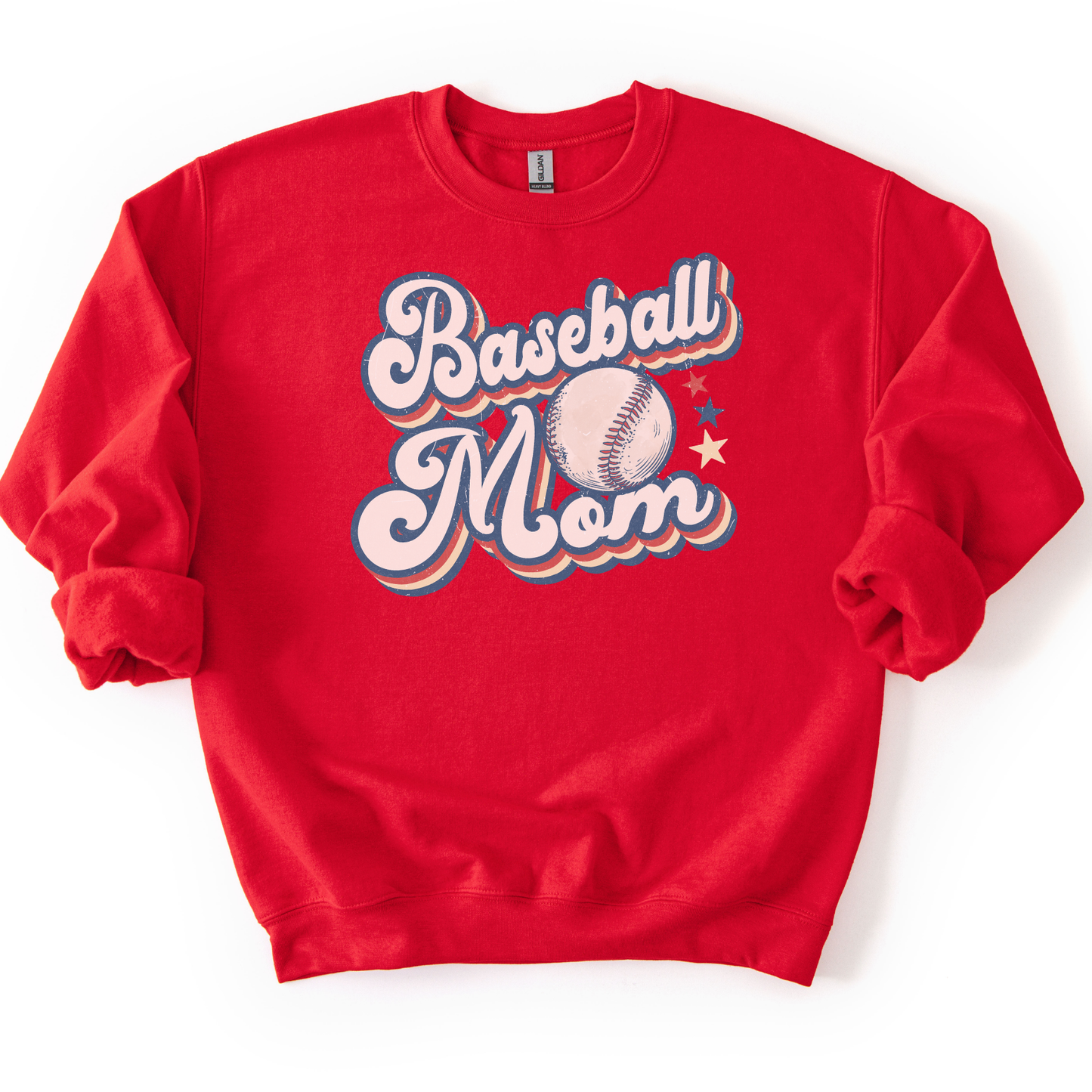 Red sweatshirt with 'Baseball Mom' text and baseball graphic on a white background