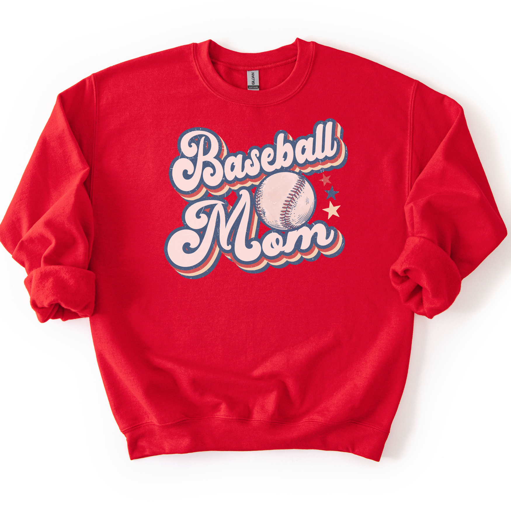 Red sweatshirt with 'Baseball Mom' text and baseball graphic on a white background