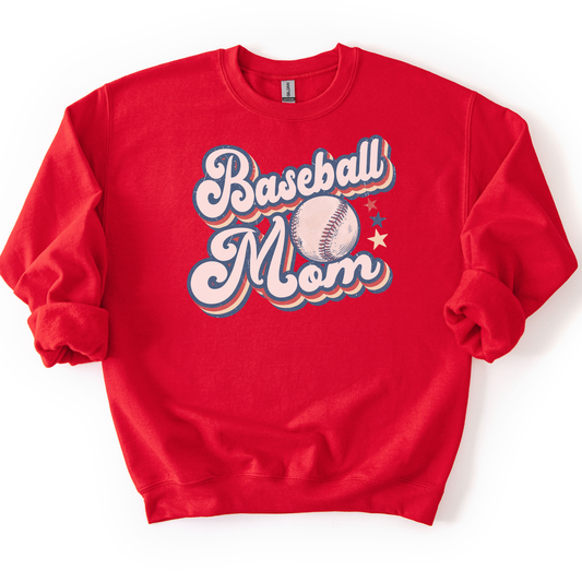 Red sweatshirt with 'Baseball Mom' text and baseball graphic on a white background