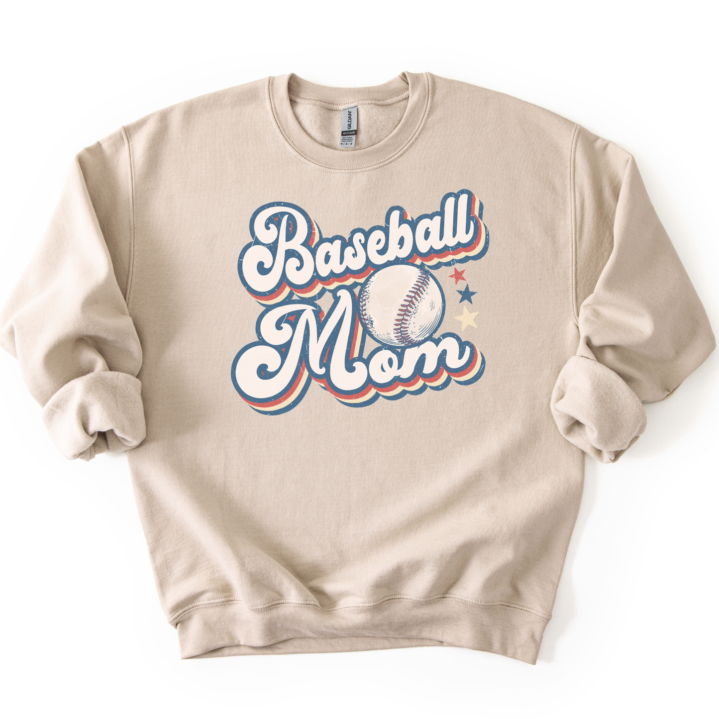 Beige sweatshirt with 'Baseball Mom' text and baseball graphic on a white background