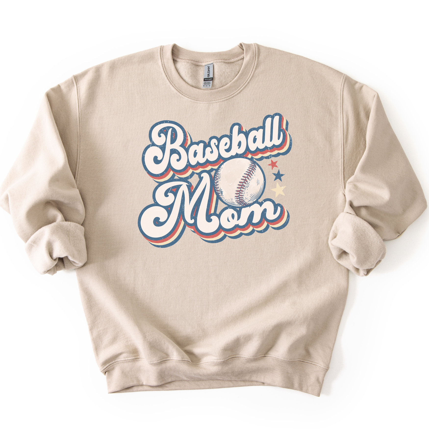 Beige sweatshirt with 'Baseball Mom' text and baseball graphic on a white background