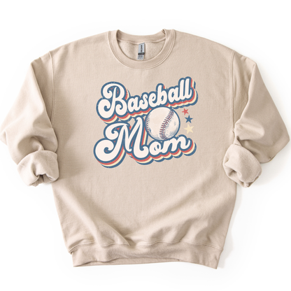 Beige sweatshirt with 'Baseball Mom' text and baseball graphic on a white background