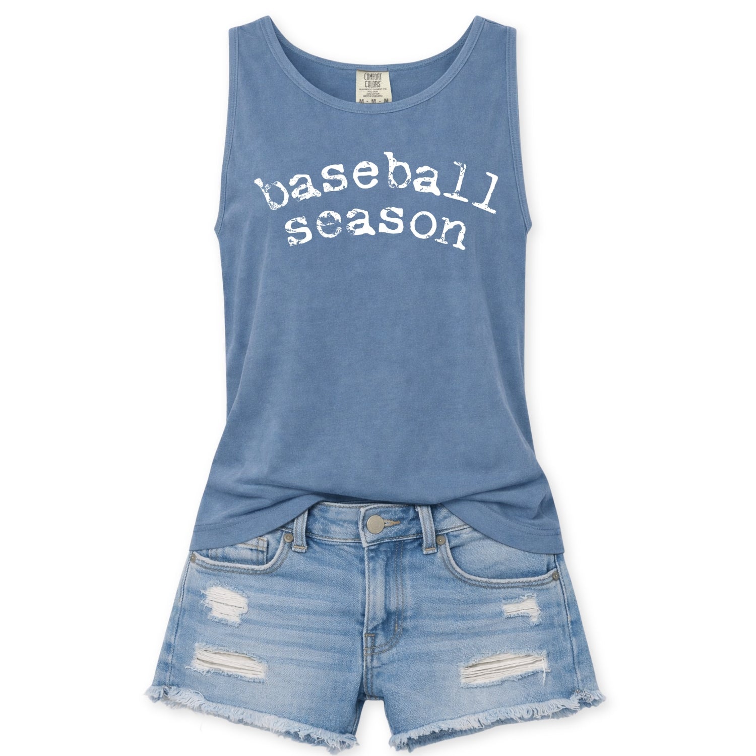Blue tank top with 'baseball season' text and denim shorts on a white background